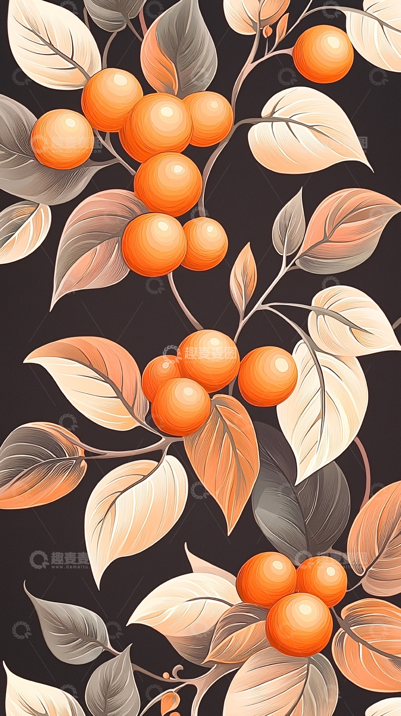 高清大图下载【趣麦麦图】橙色果实与叶子装饰图案