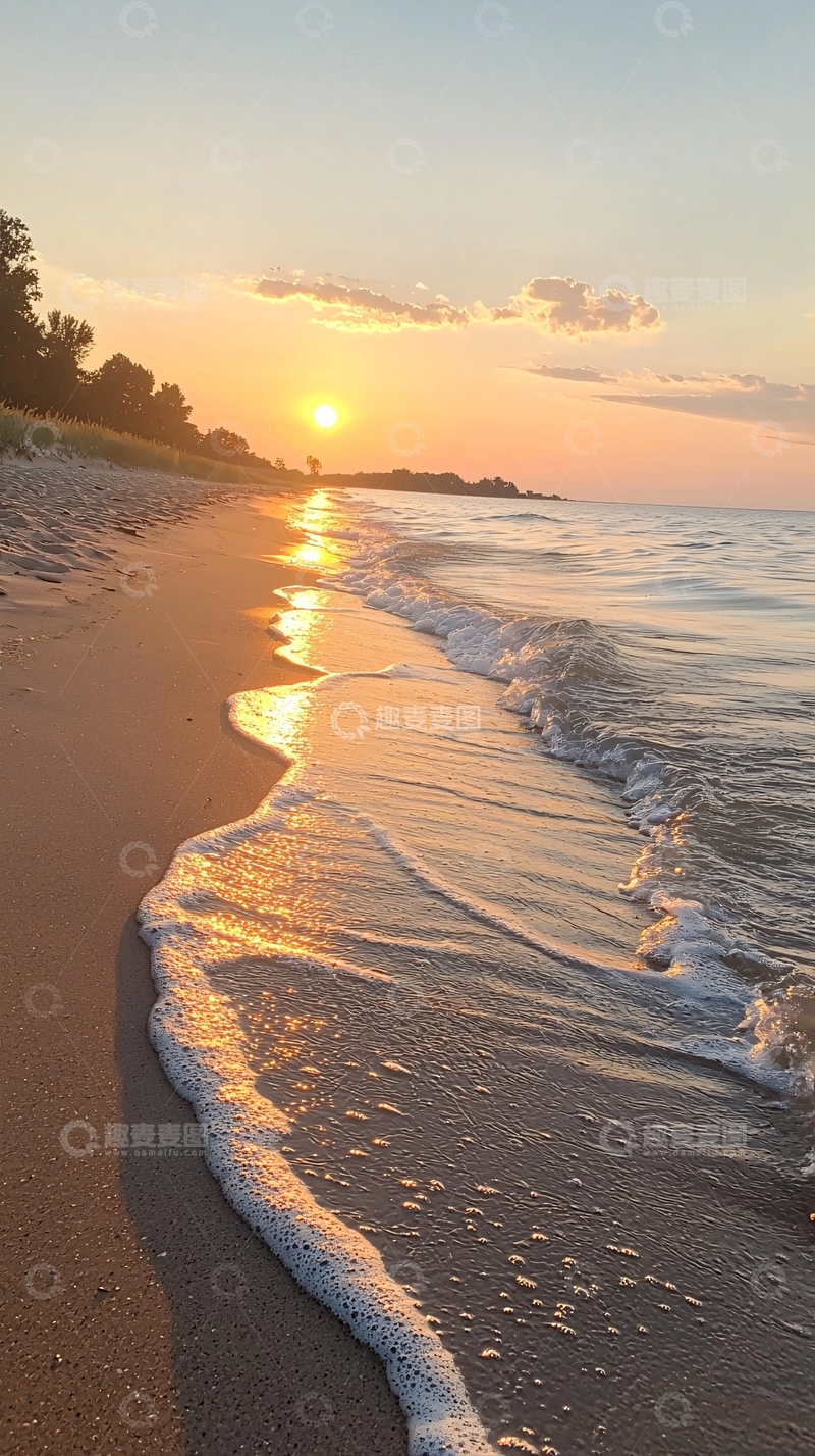 高清大图下载【趣麦麦图】夕阳海滩海浪沙滩风景