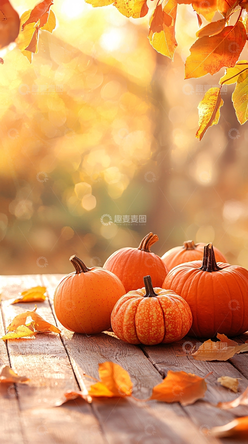高清大图下载【趣麦麦图】秋日南瓜与落叶自然风景
