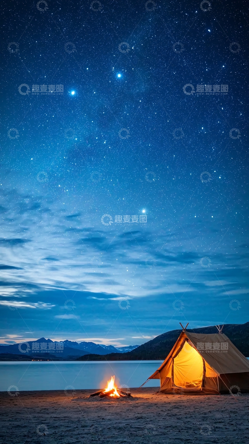 高清大图下载【趣麦麦图】湖边露营篝火星空夜景