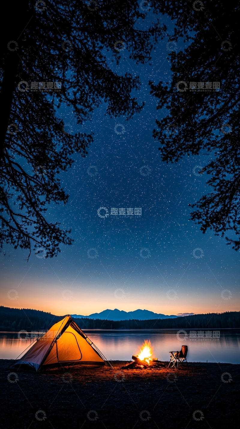 高清大图下载【趣麦麦图】湖边露营篝火星空夜景