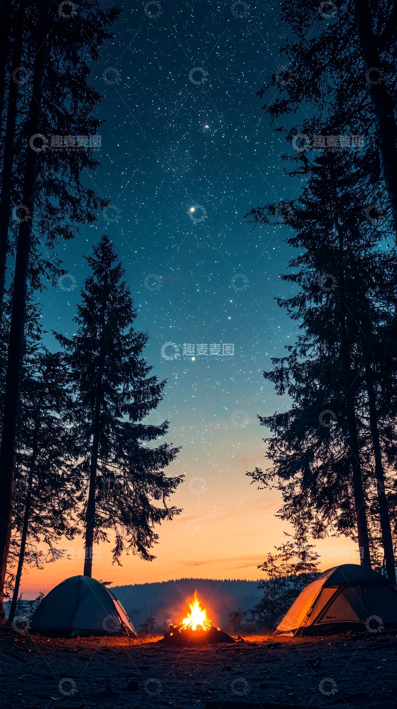 高清大图下载【趣麦麦图】夜晚露营篝火帐篷星空