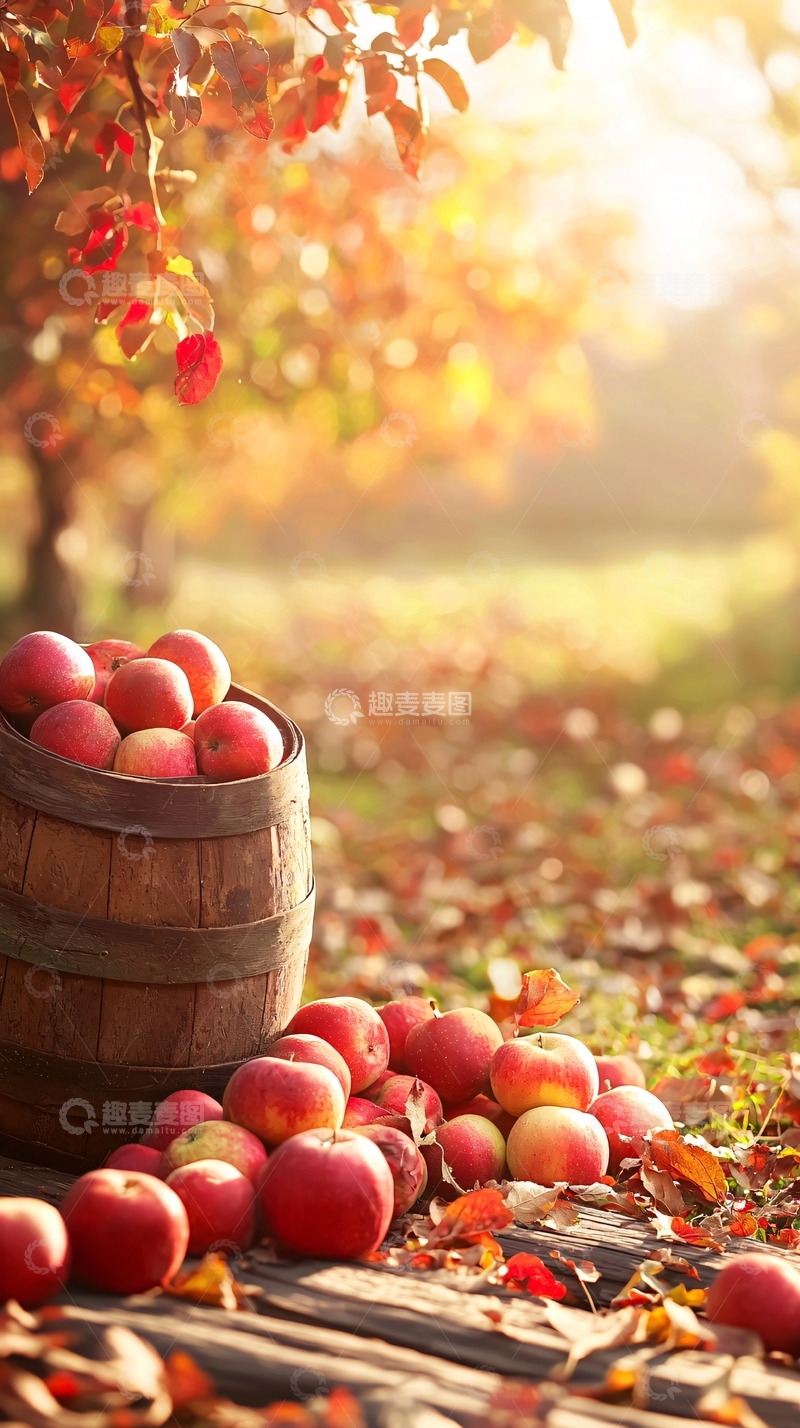 高清大图下载【趣麦麦图】秋日丰收苹果与木桶