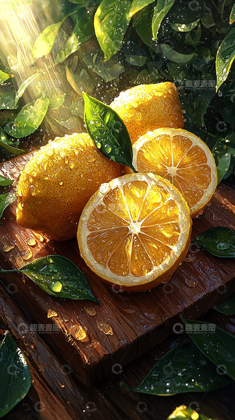 高清大图下载【趣麦麦图】阳光下的柠檬与绿叶