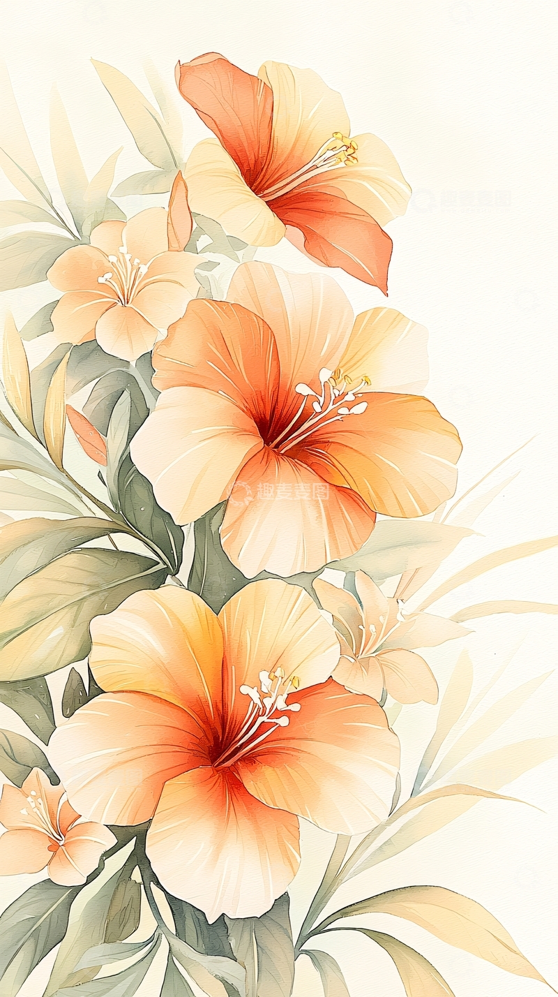 高清大图下载【趣麦麦图】热带花卉手绘插画背景图