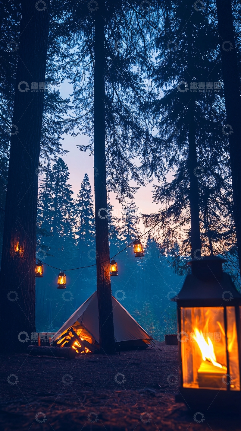 高清大图下载【趣麦麦图】森林露营篝火夜景
