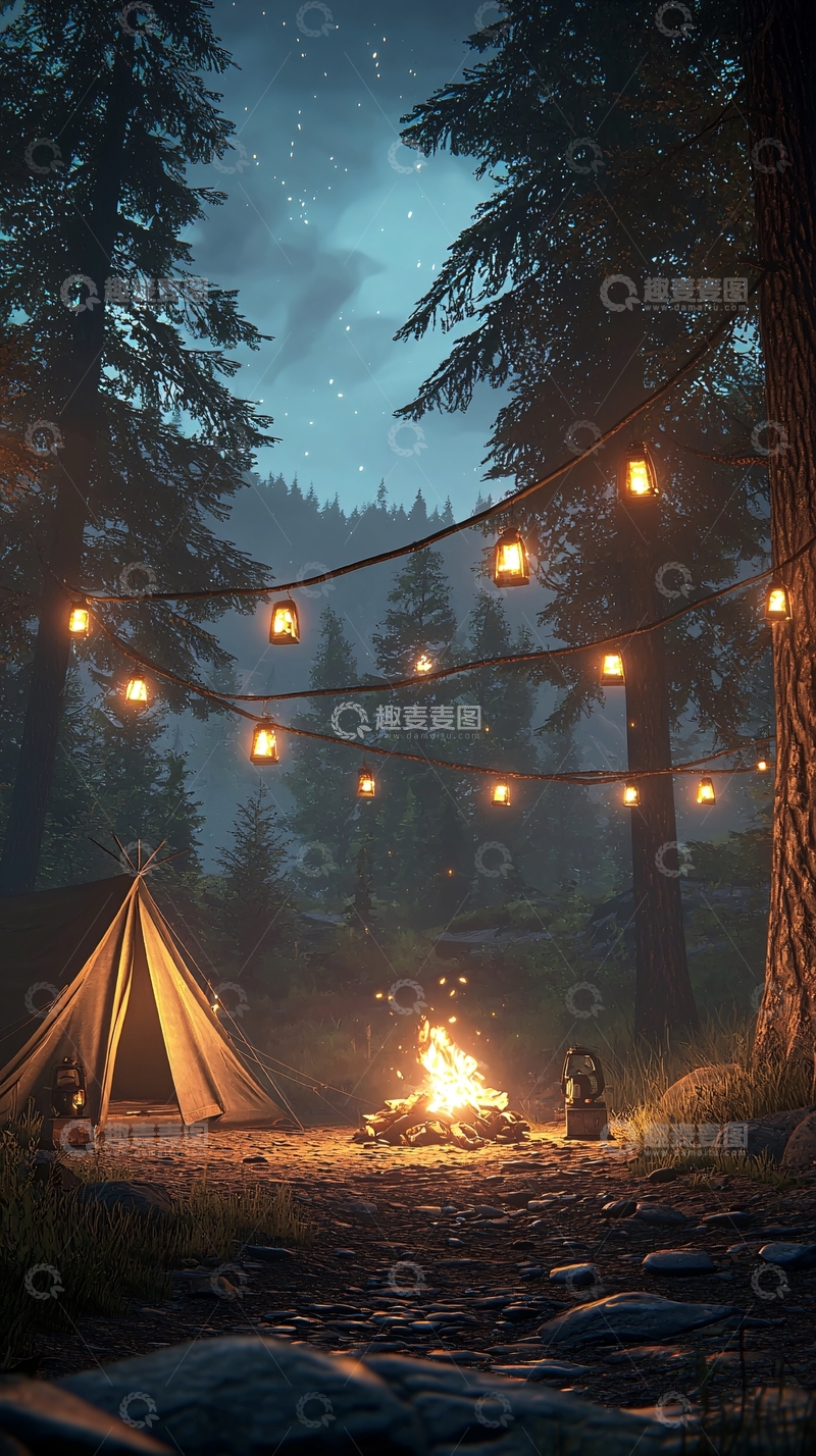高清大图下载【趣麦麦图】森林露营篝火夜景