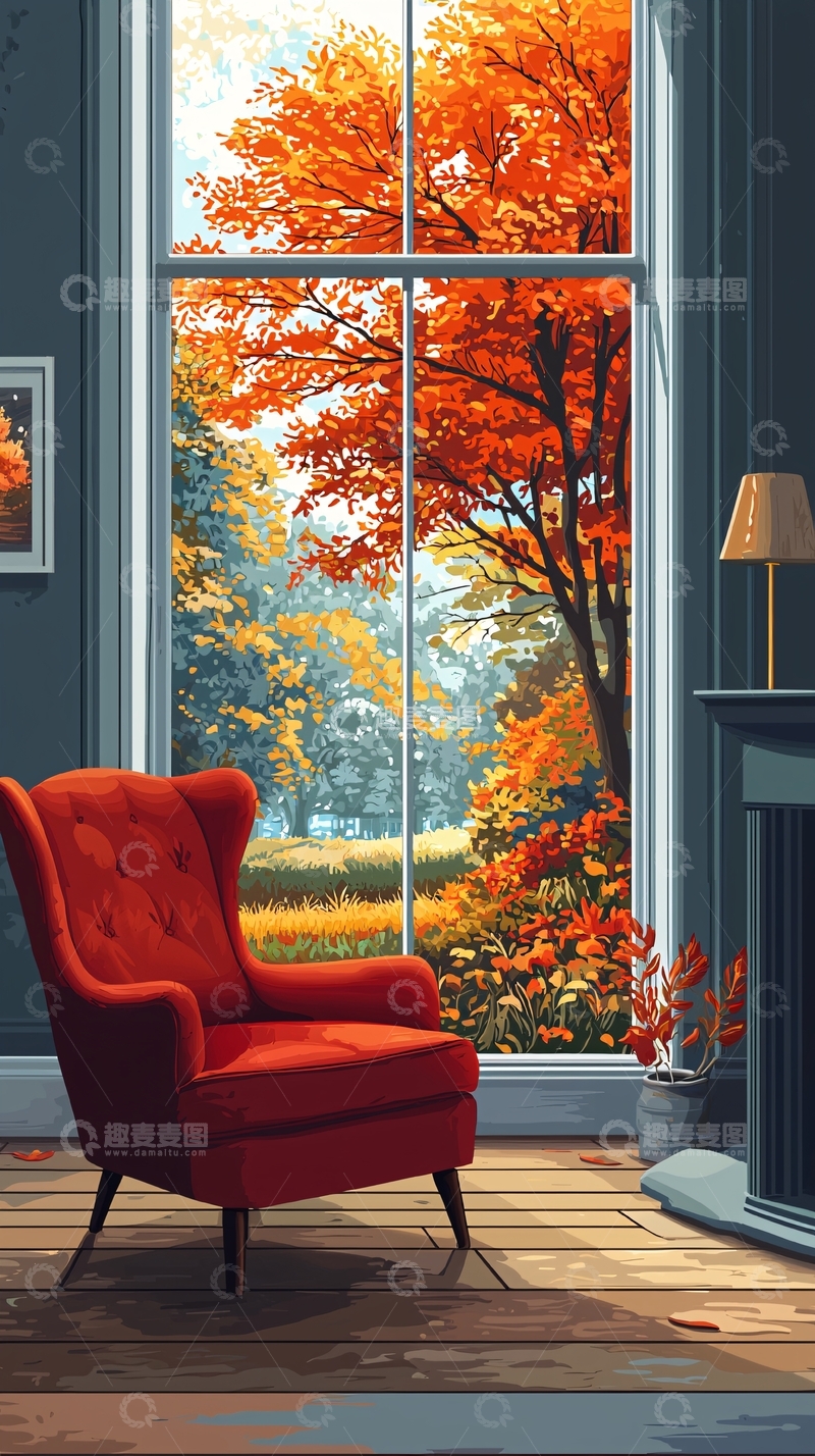 高清大图下载【趣麦麦图】秋日暖阳下的红色椅子