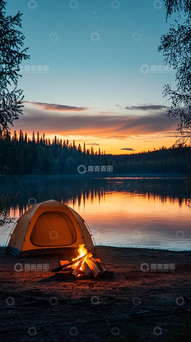 高清大图下载【趣麦麦图】湖边露营篝火夜景