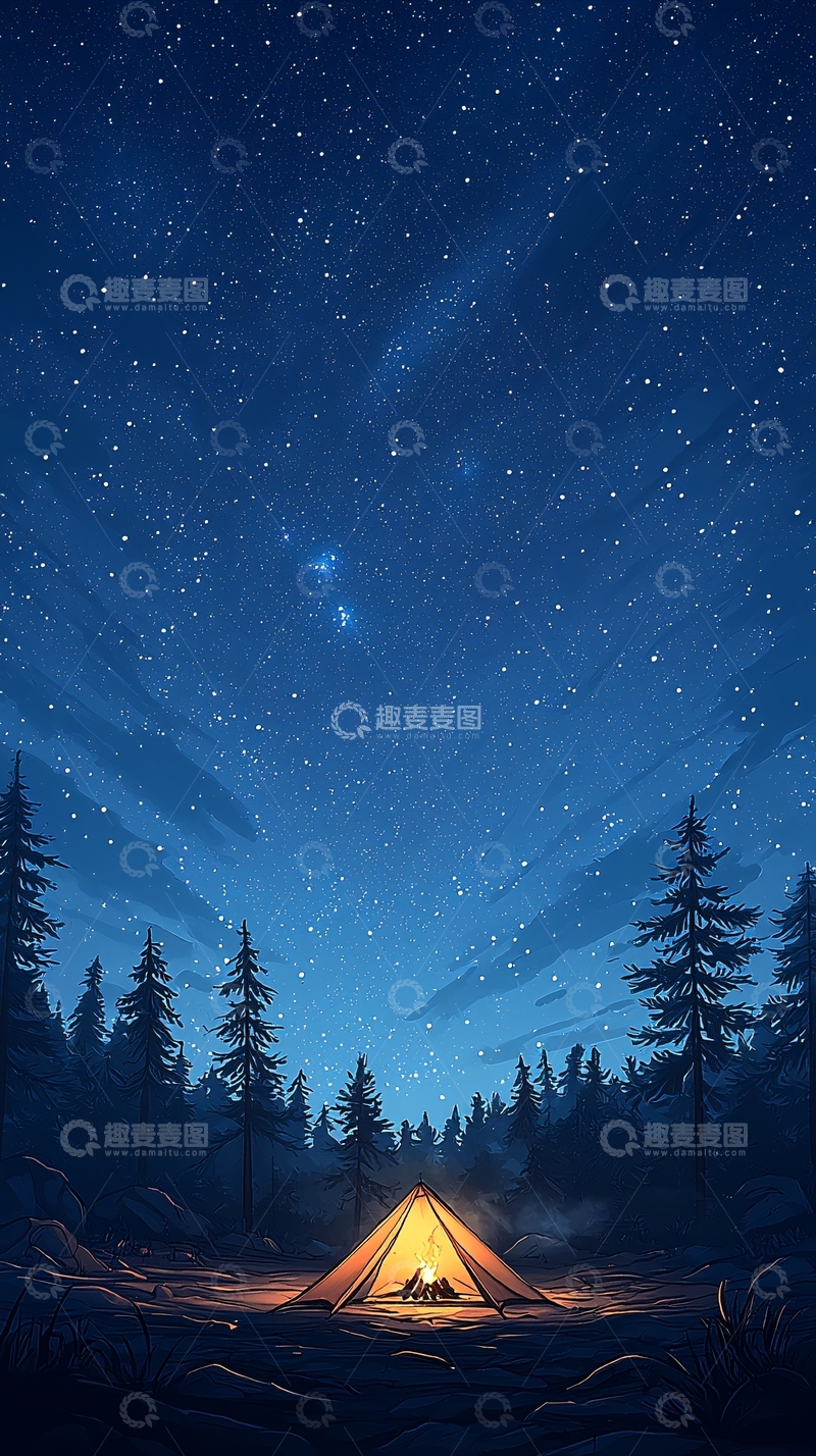 高清大图下载【趣麦麦图】夜晚露营篝火星空下的宁静