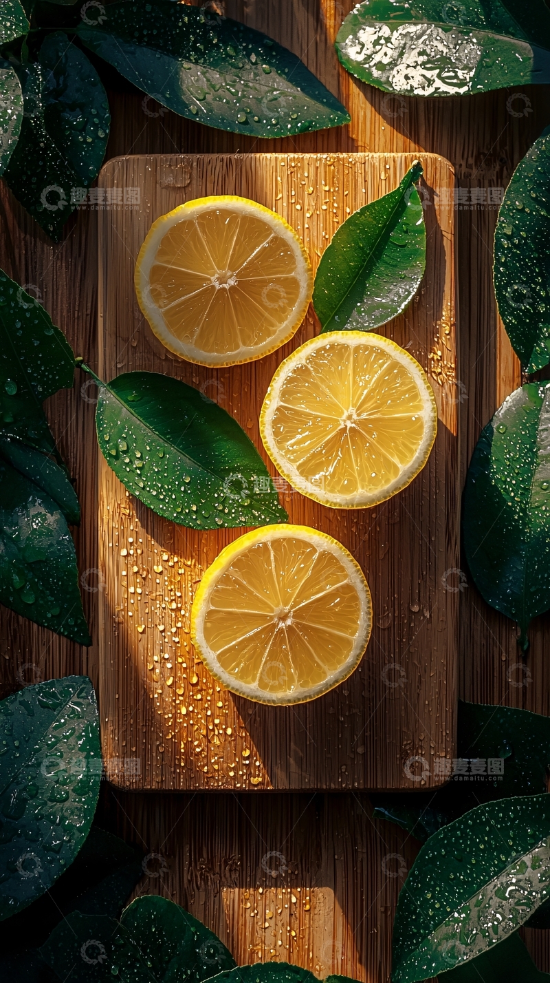 高清大图下载【趣麦麦图】柠檬切片与绿叶背景