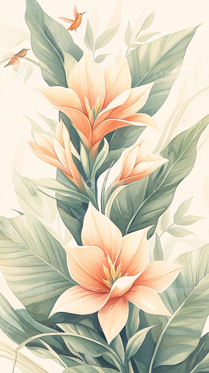 高清大图下载【趣麦麦图】热带花卉与蜂鸟插画