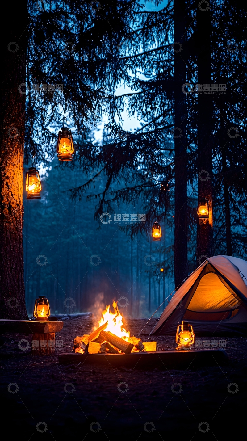 高清大图下载【趣麦麦图】森林露营篝火帐篷夜景