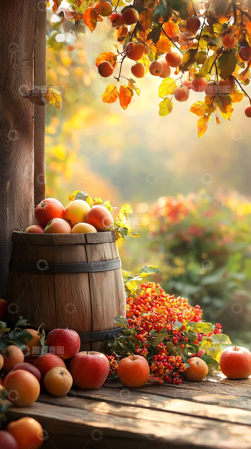 高清大图下载【趣麦麦图】秋日丰收果实与木桶