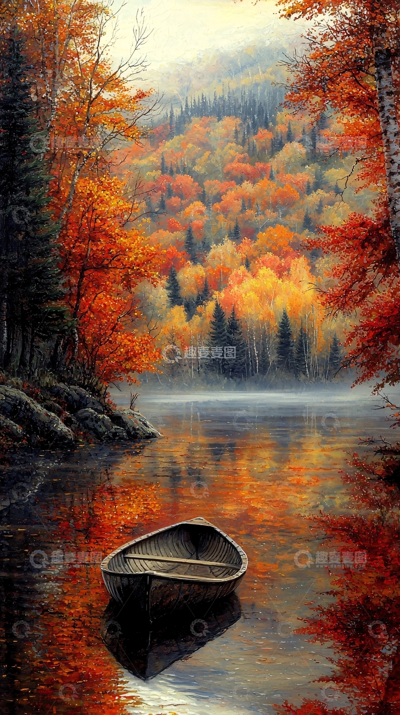 高清大图下载【趣麦麦图】秋日湖畔静谧小舟