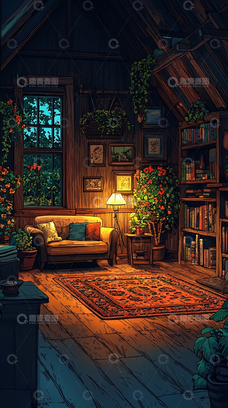 高清大图下载【趣麦麦图】温馨木屋书房夜景