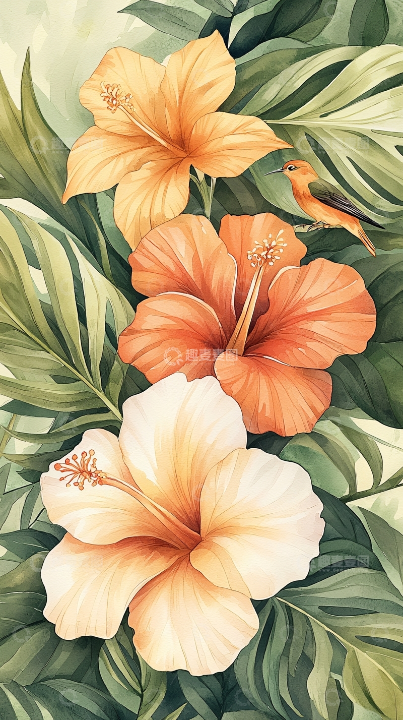 高清大图下载【趣麦麦图】热带风情花卉与小鸟插画