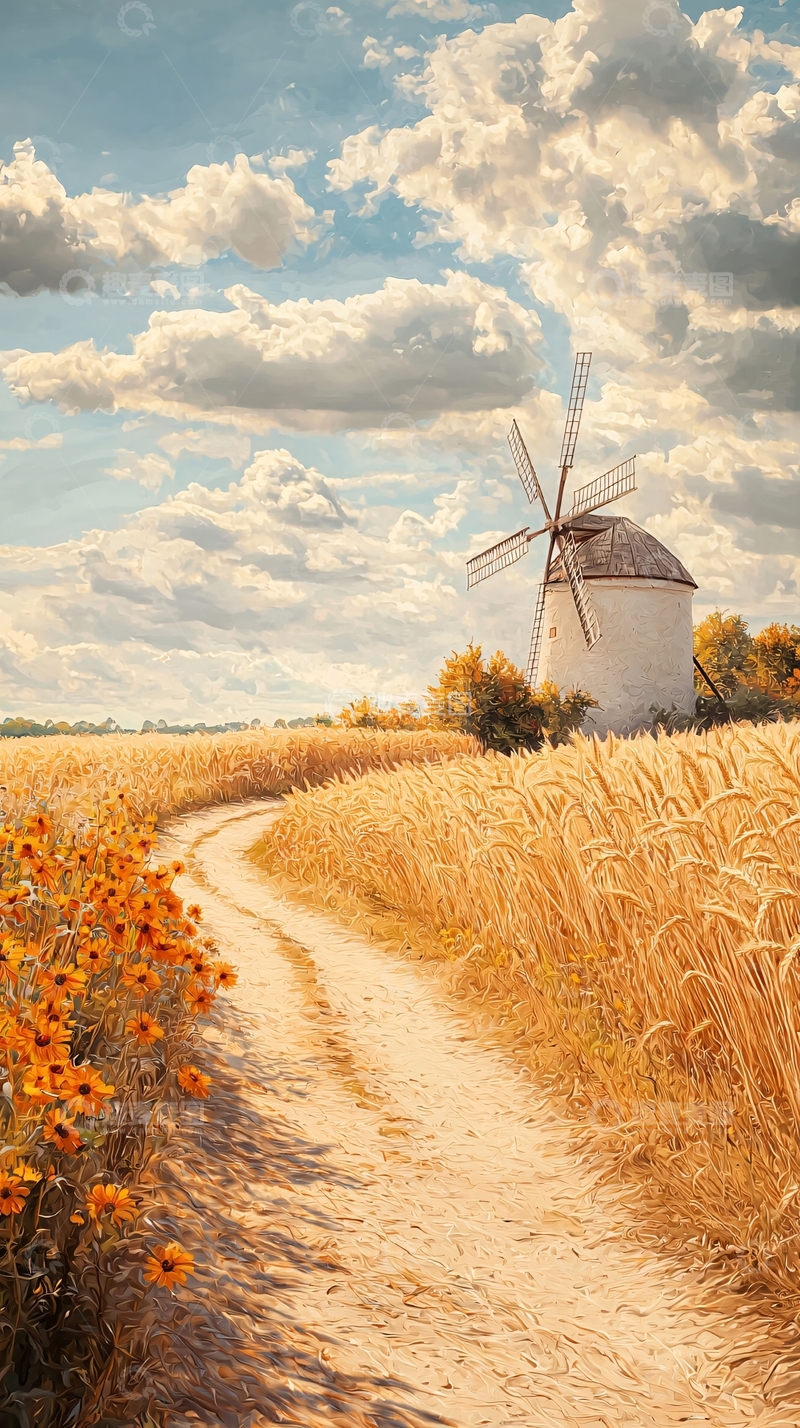 高清大图下载【趣麦麦图】金秋田野风车风景