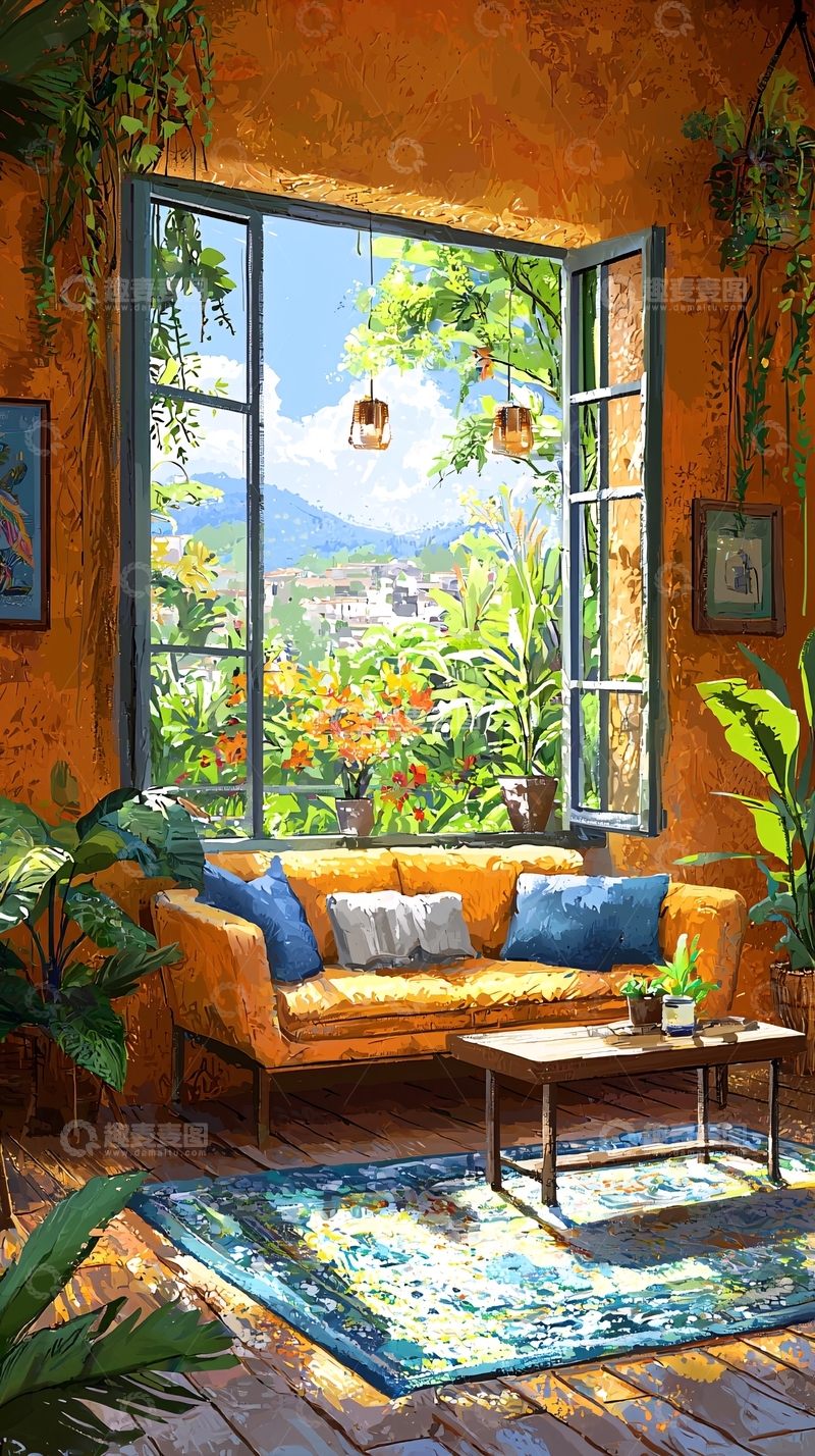 高清大图下载【趣麦麦图】热带风情客厅窗外景色