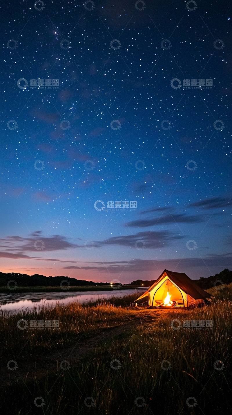 高清大图下载【趣麦麦图】夜晚露营帐篷篝火星空