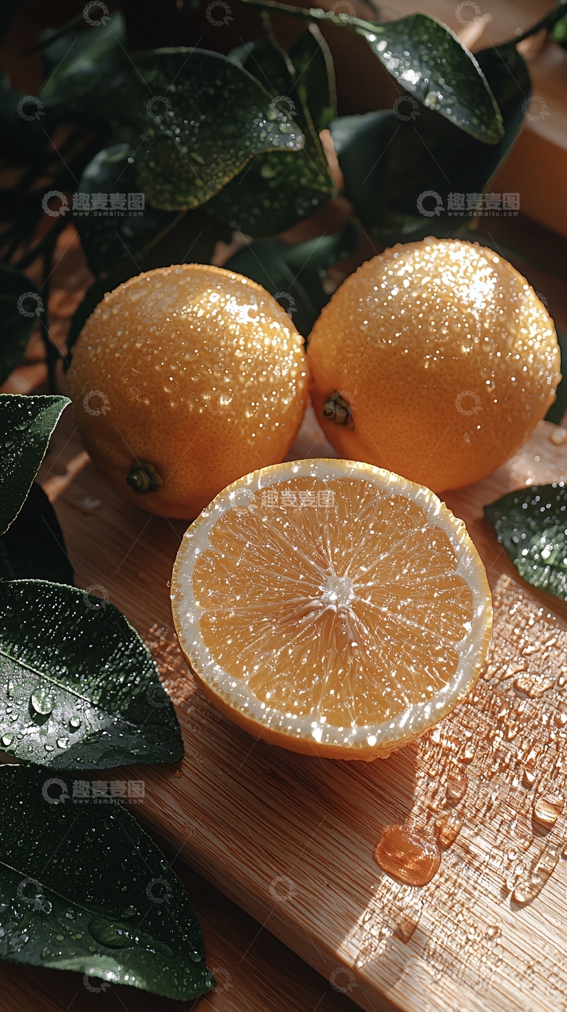 高清大图下载【趣麦麦图】新鲜橙子切片与绿叶背景