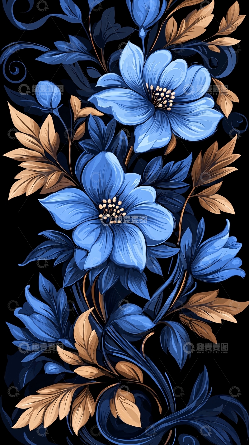 高清大图下载【趣麦麦图】蓝色花卉装饰图案背景