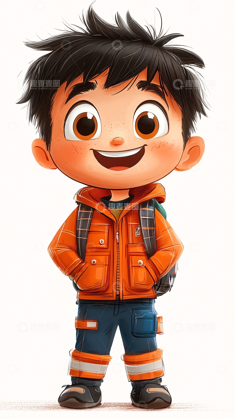 高清大图下载【趣麦麦图】橙色夹克小男孩卡通插画
