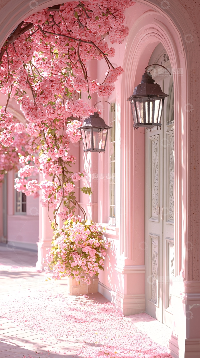 高清大图下载【趣麦麦图】粉色樱花装饰的优雅门廊