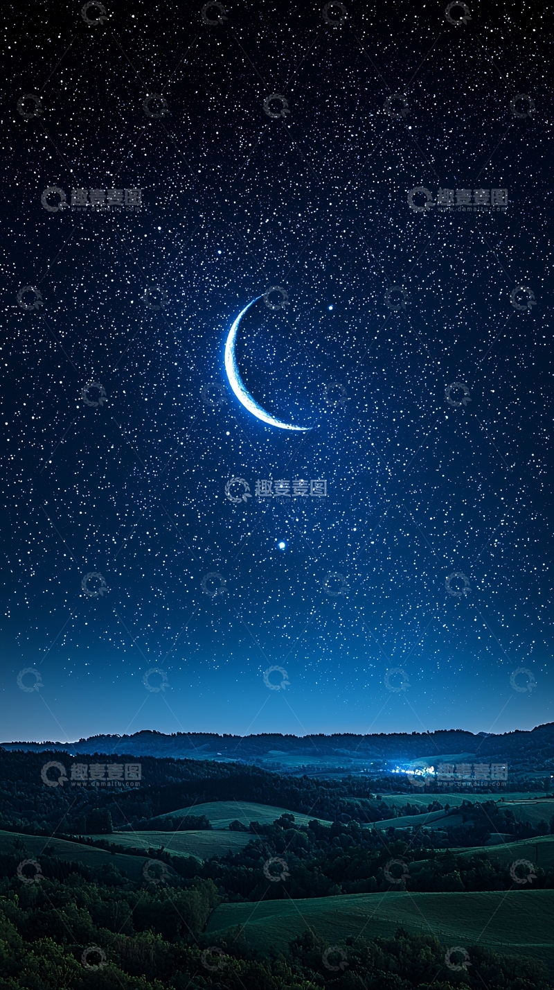 高清大图下载【趣麦麦图】夜空下的新月与星星