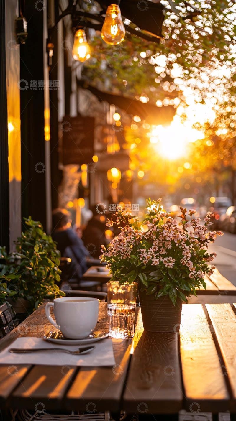高清大图下载【趣麦麦图】夕阳下的咖啡馆餐桌