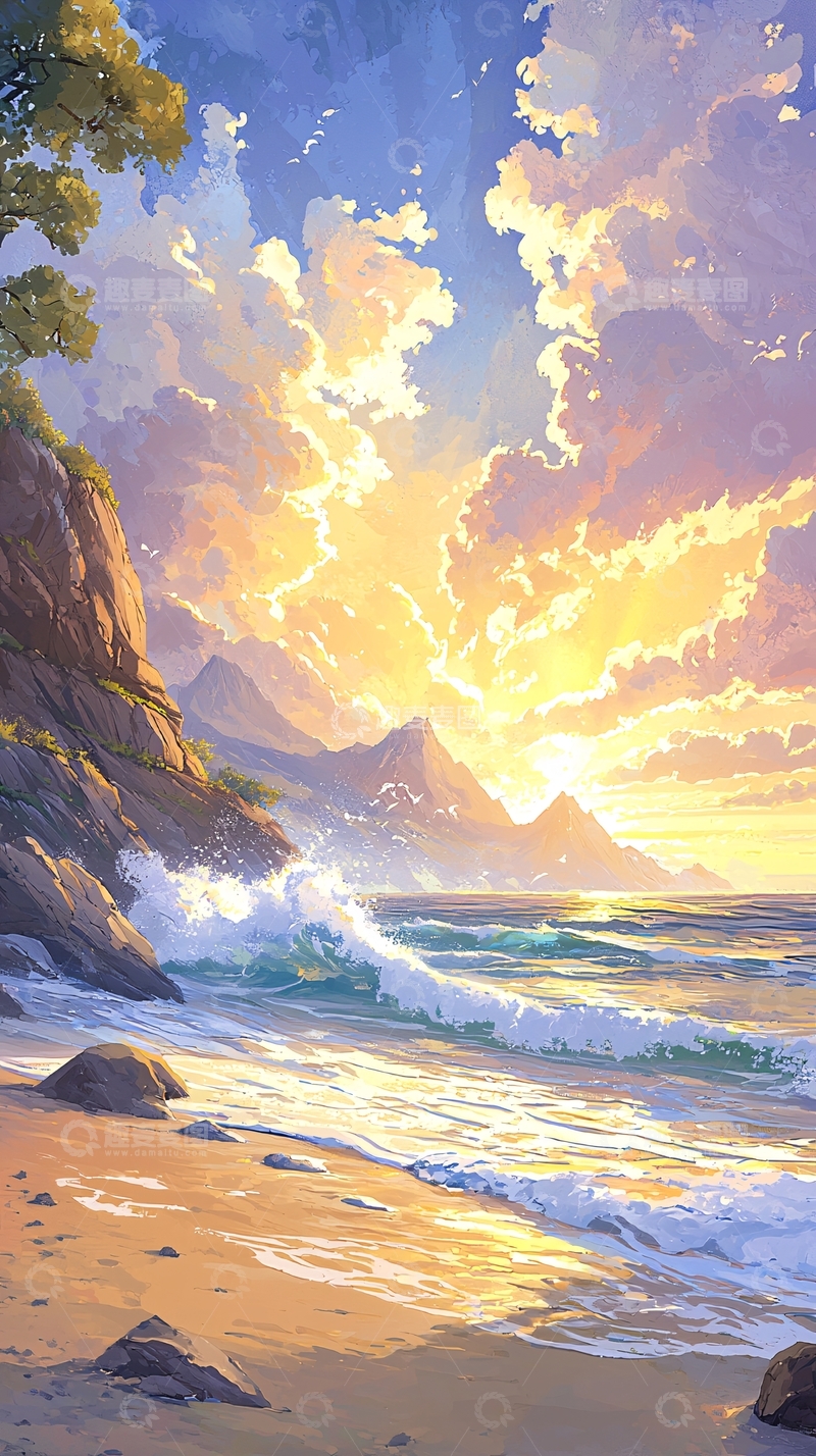 高清大图下载【趣麦麦图】日落海滩风景画
