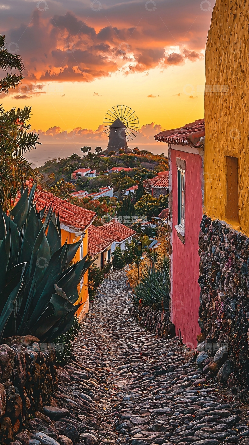 高清大图下载【趣麦麦图】夕阳下的风车小镇