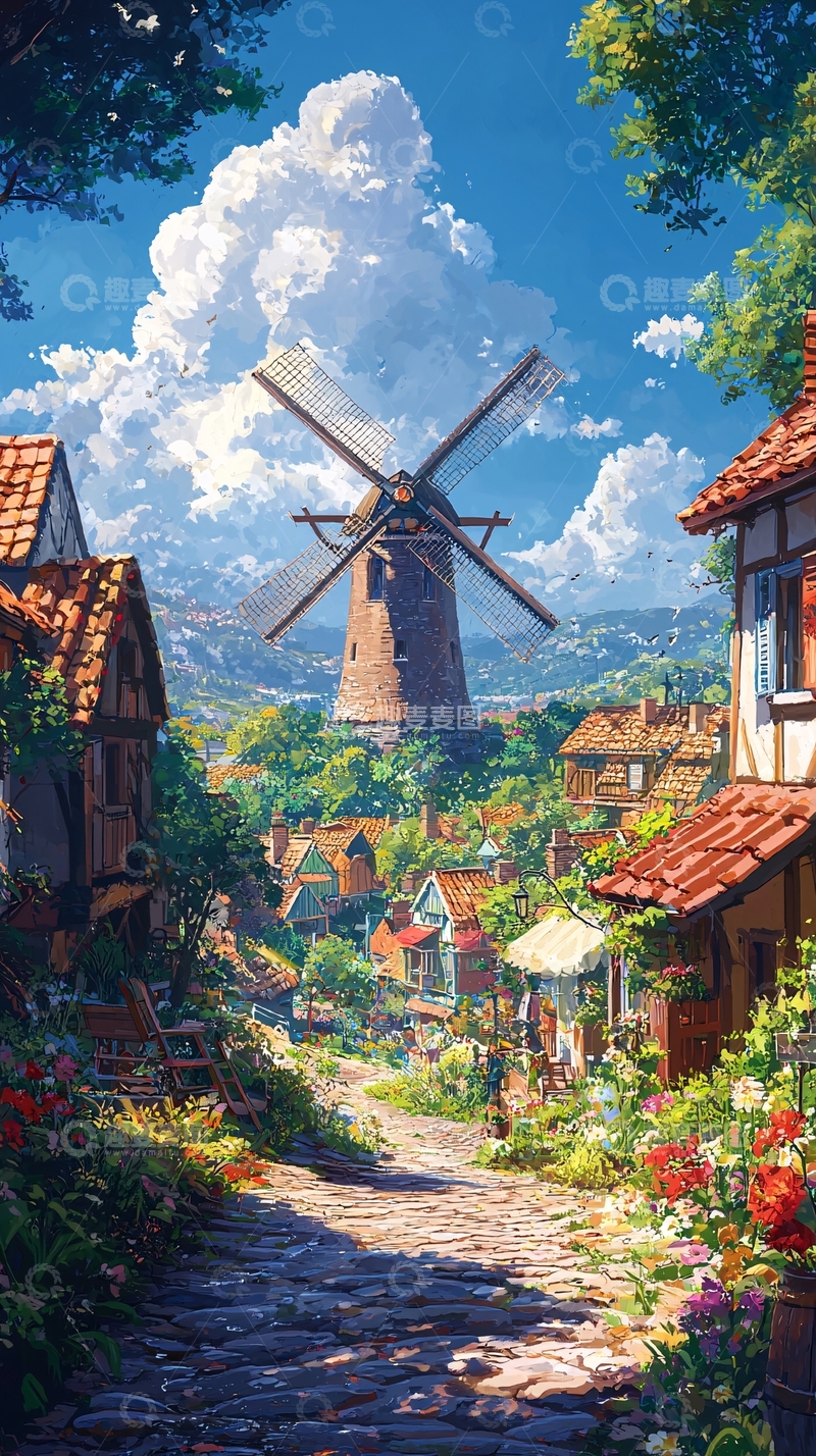 高清大图下载【趣麦麦图】风车小镇的梦幻画卷
