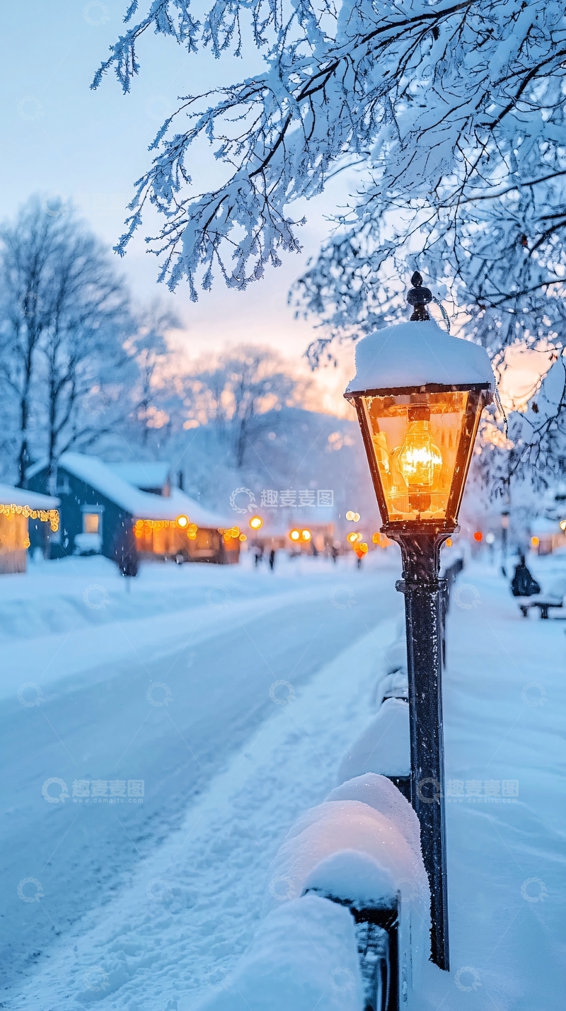 高清大图下载【趣麦麦图】冬日雪景下的街灯