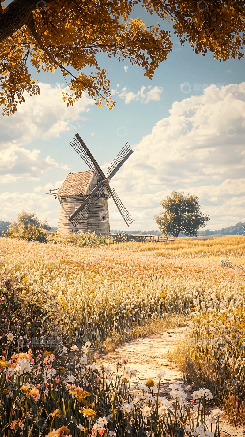 高清大图下载【趣麦麦图】秋日田野中的风车