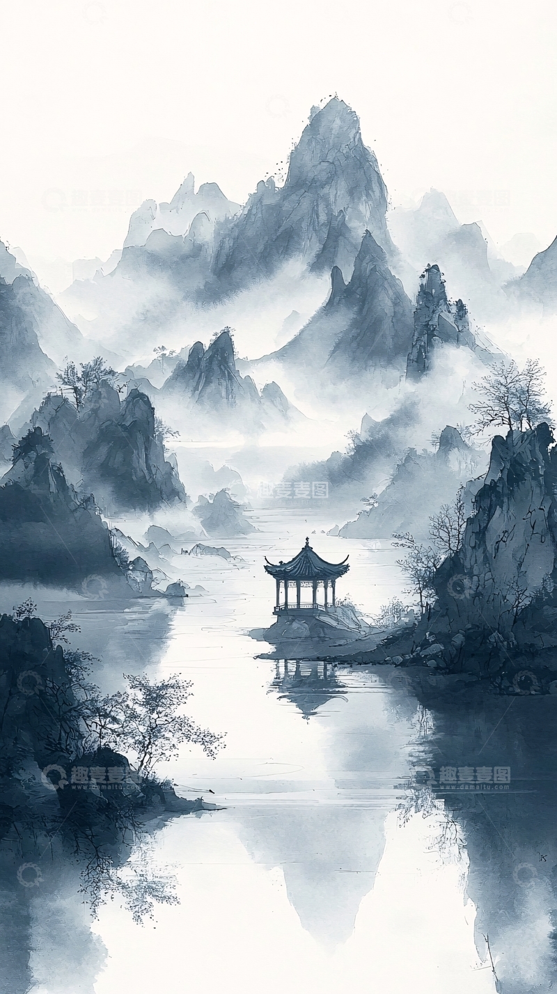 高清大图下载【趣麦麦图】水墨山水亭阁图