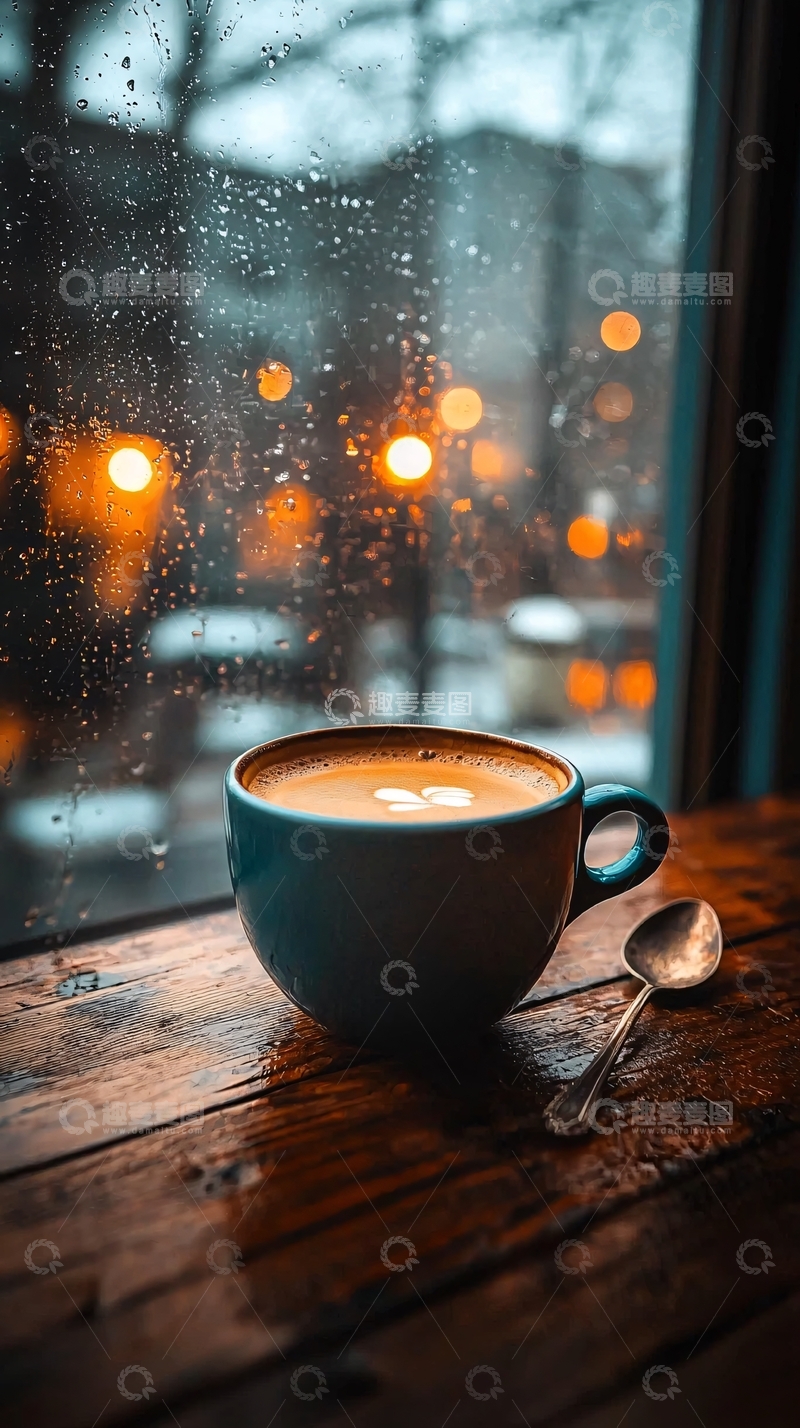 高清大图下载【趣麦麦图】雨中咖啡杯窗外夜景