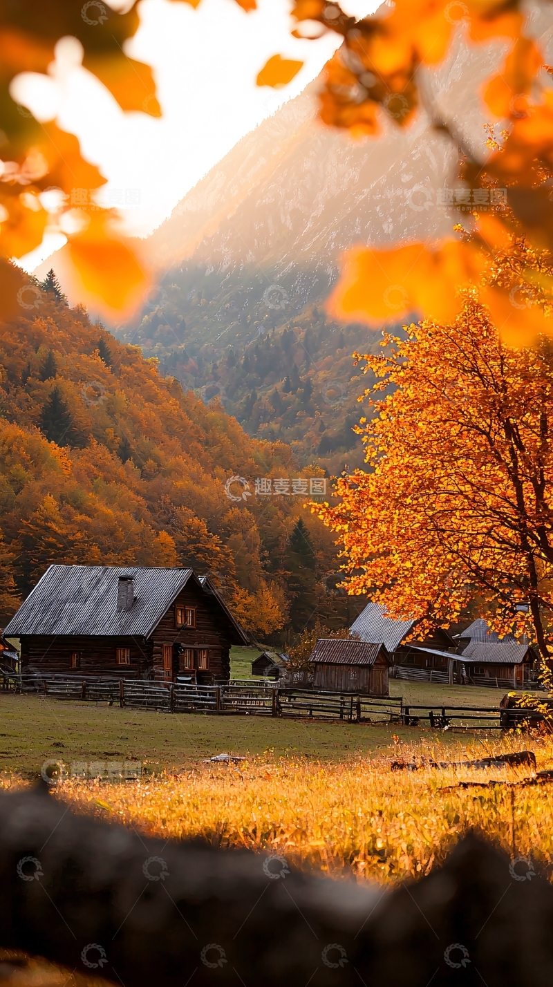 高清大图下载【趣麦麦图】秋日山间小屋风景