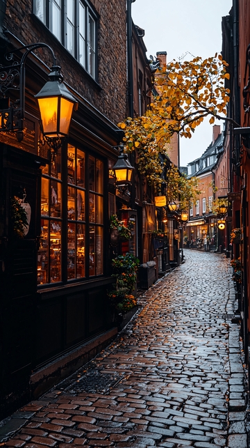 秋日雨后古街夜景