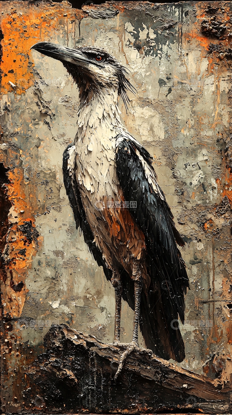 高清大图下载【趣麦麦图】乌鸦栖息在木枝上的油画