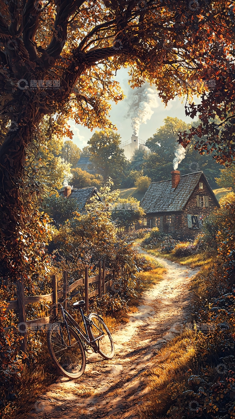 高清大图下载【趣麦麦图】秋日乡村小径与老屋