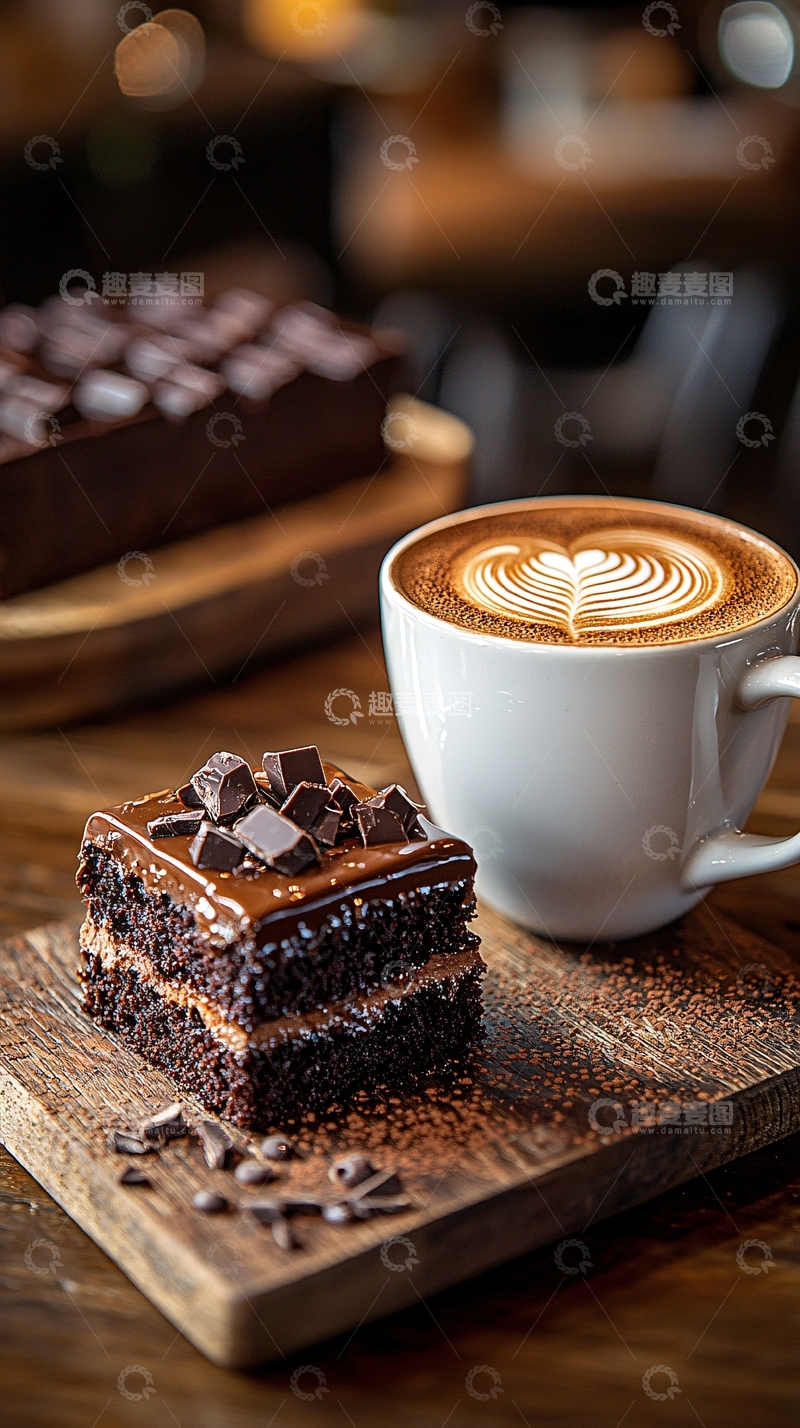 高清大图下载【趣麦麦图】巧克力蛋糕与拿铁咖啡