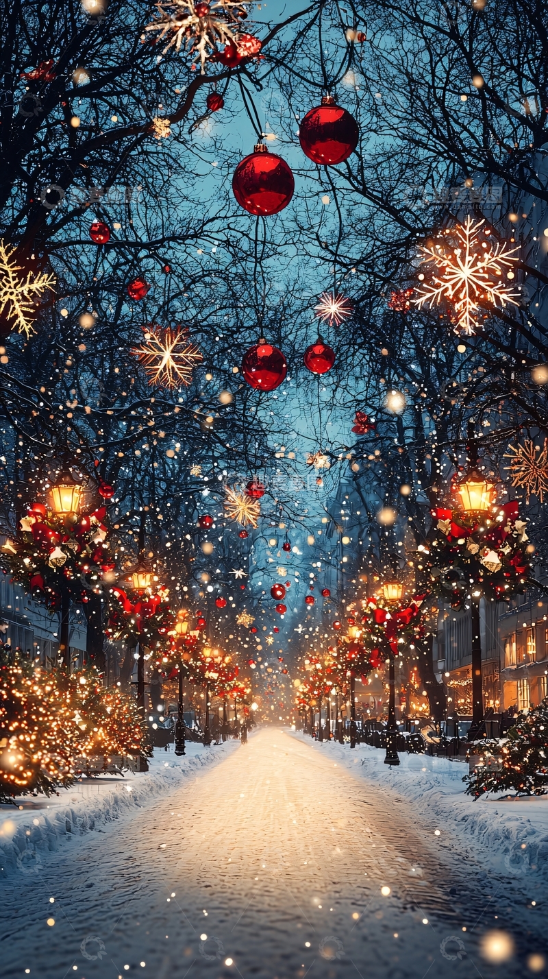 高清大图下载【趣麦麦图】冬日雪景街道装饰灯饰