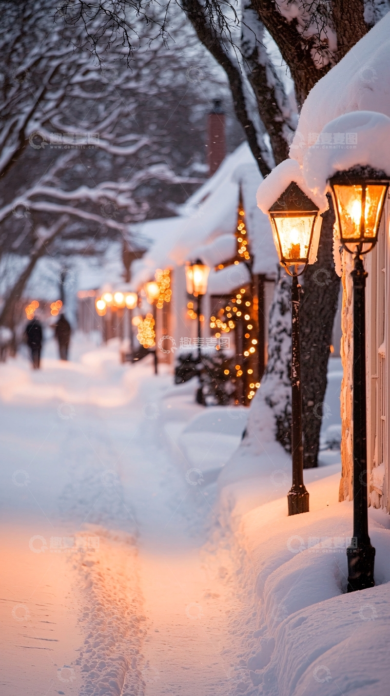 高清大图下载【趣麦麦图】冬日雪景街道灯光明亮