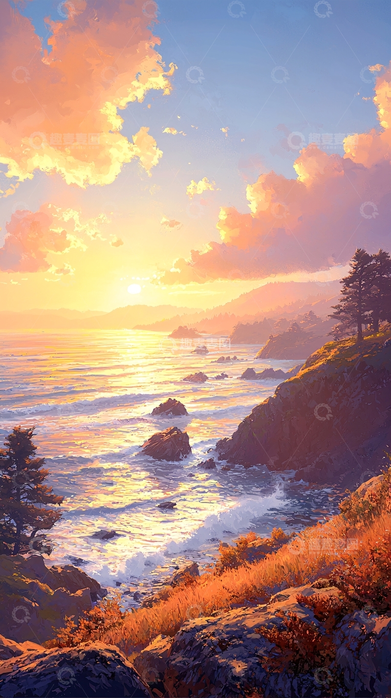 高清大图下载【趣麦麦图】日落海岸风景画