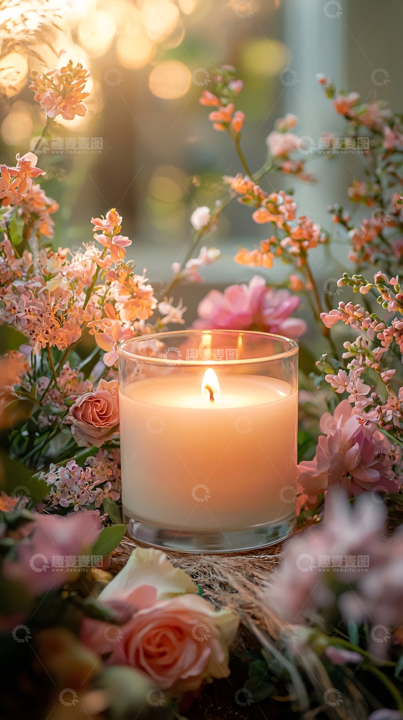 高清大图下载【趣麦麦图】温馨烛光与粉色花卉