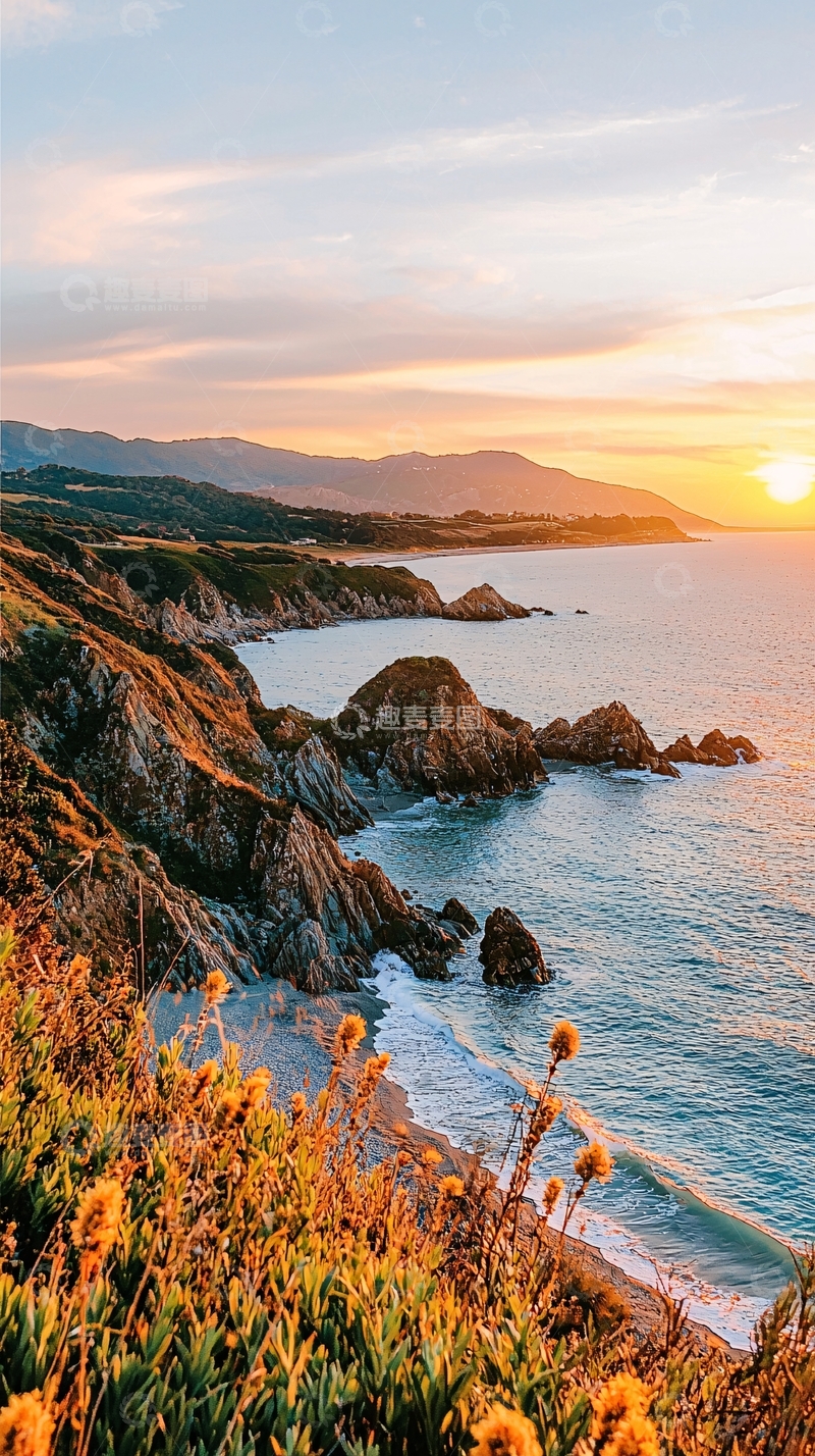 高清大图下载【趣麦麦图】夕阳下的海岸线美景