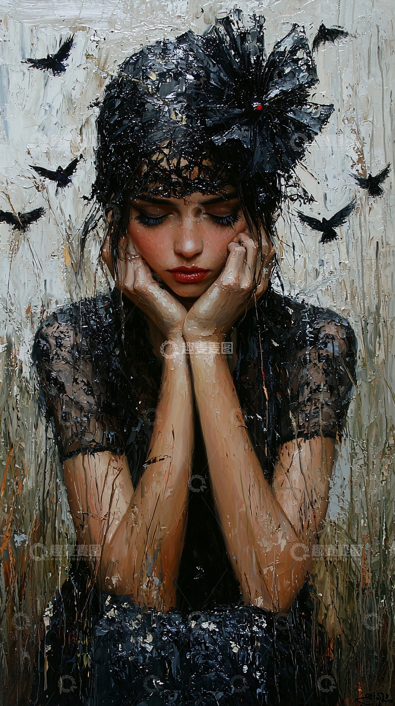 高清大图下载【趣麦麦图】黑色羽毛头饰的忧郁女子