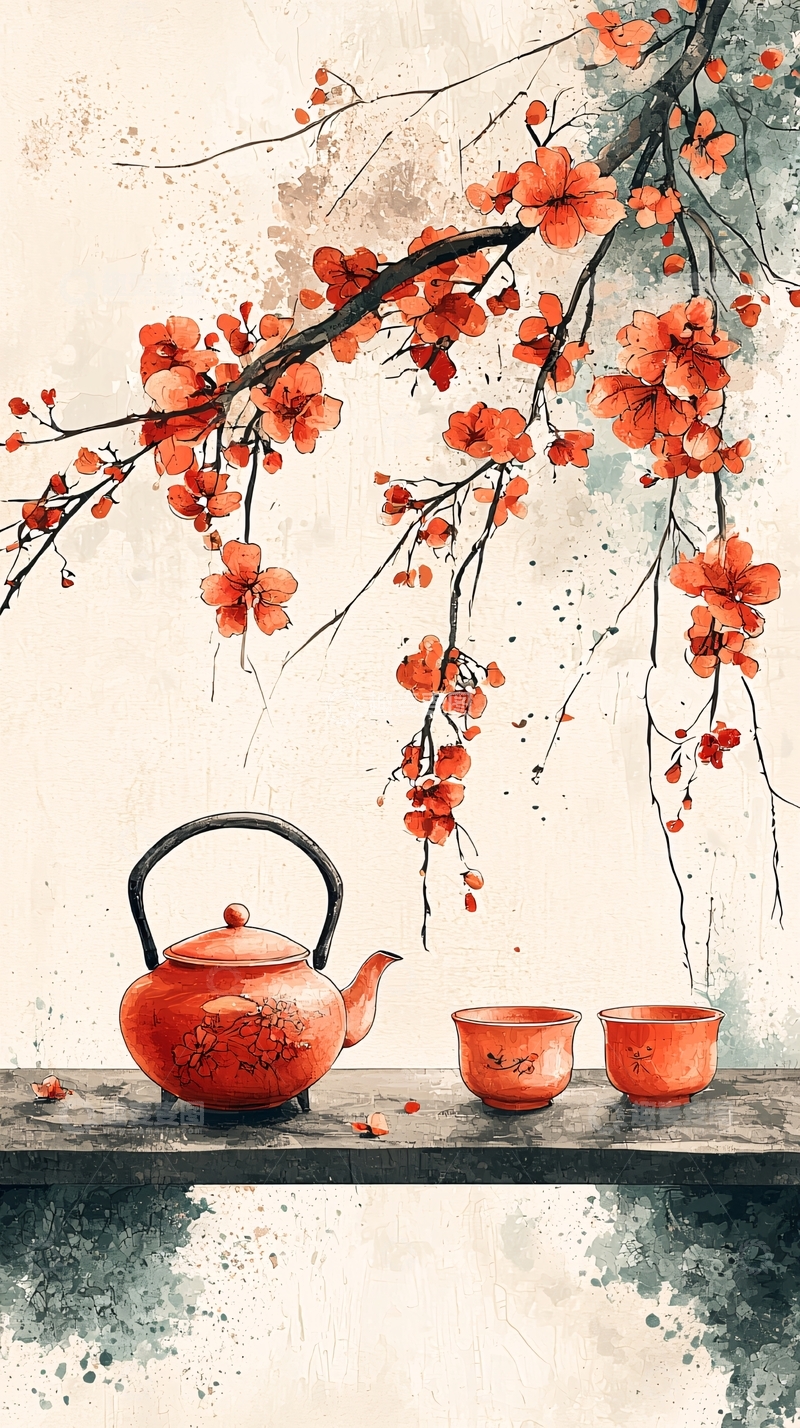 高清大图下载【趣麦麦图】茶壶与樱花的静谧时光