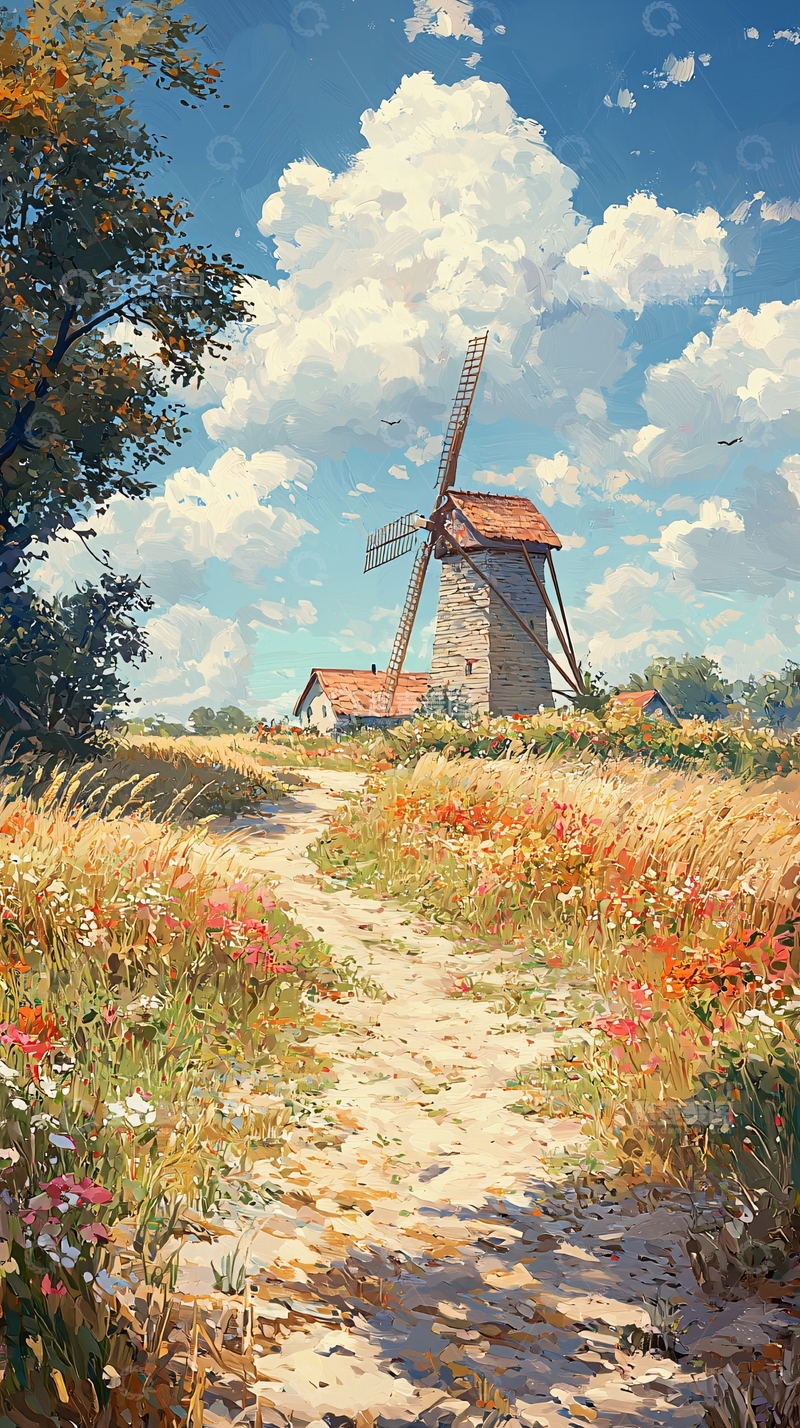 高清大图下载【趣麦麦图】乡村风车与田园风光
